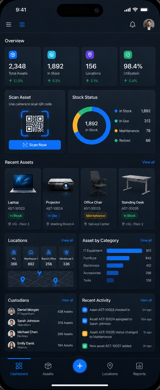 Pantalla móvil de inventario y KPIs